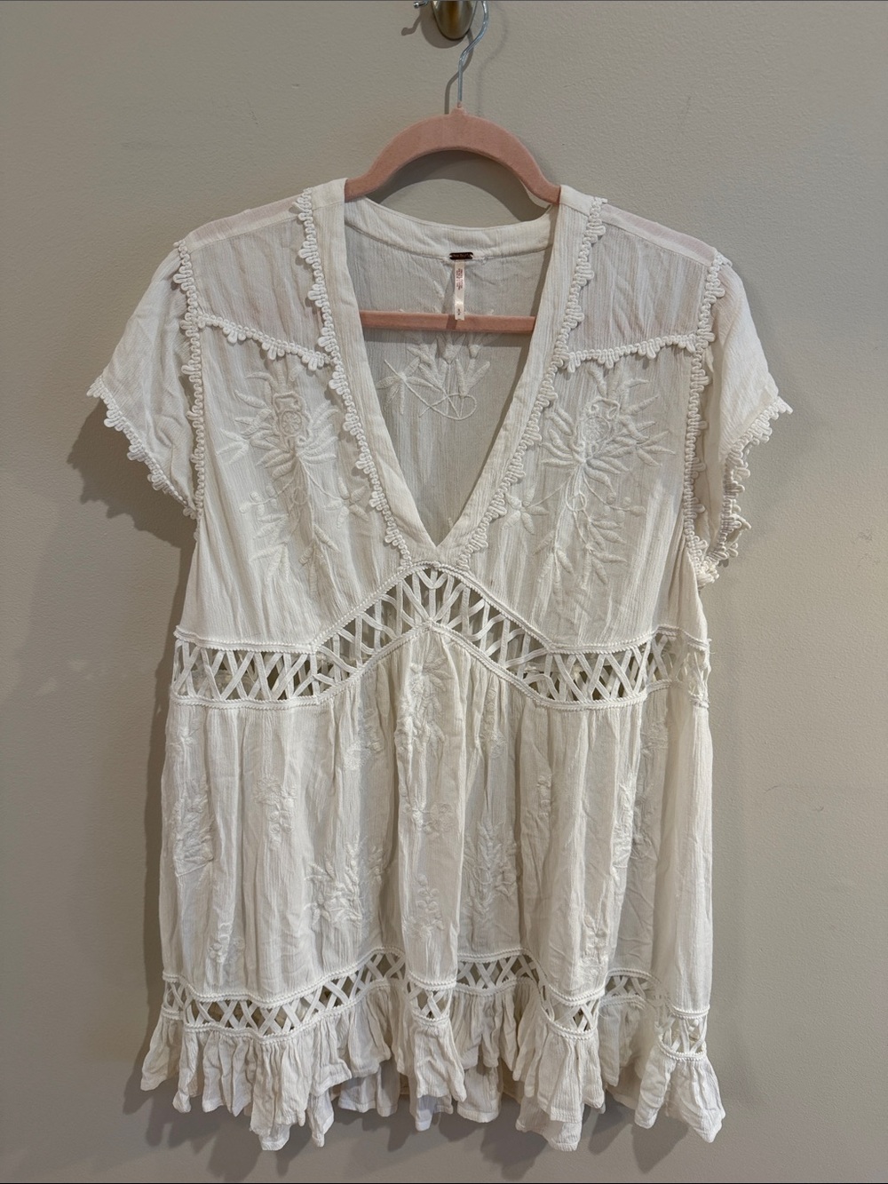 Free People Cream Boho Embroidered V-Neck Tunic